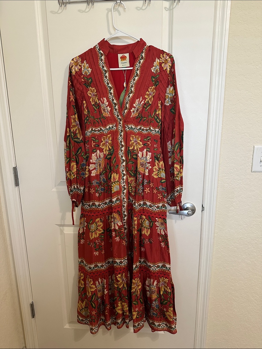 FARM Rio Red Garden Delight Long Sleeve Midi Dress